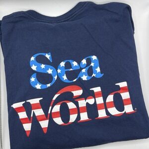 Marine World Navy Blue Red-White-Blue Stars Logo Size‎ Large 100% Cotton